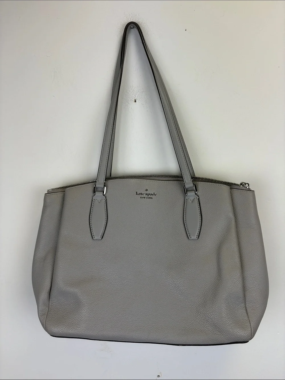 Kate Spade Monet Large Triple Compartment Tote Gray Pebbled Leather Shoulder Bag